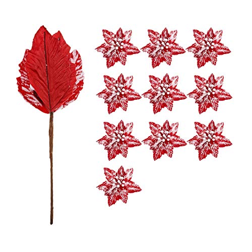 10 Pcs Snow Poinsettia Stems 10.6" Christmas Flowers Red & White - FuleHouzz
