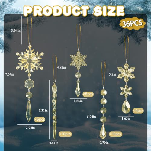 Gold Acrylic Snowflake & Icicle Christmas Ornaments Set, 36 pcs