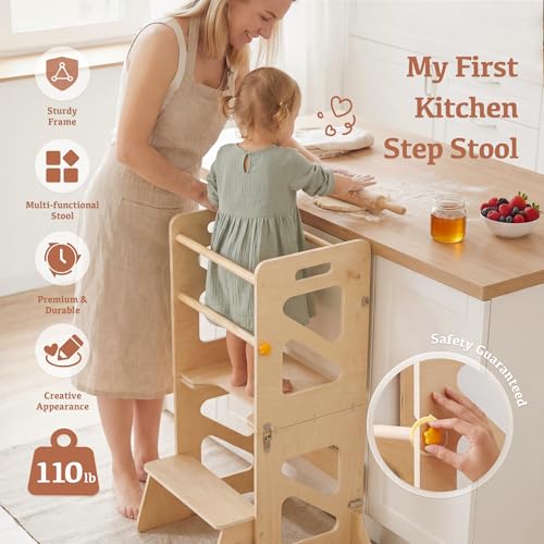4-in-1 Foldable Toddler Learning Tower, Anti-Tip Kitchen Helper Stool