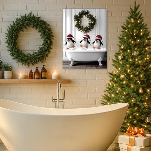 Funny Penguins Christmas Bathroom Wall Art Decor - Canvas Print G - 11x15 Inches