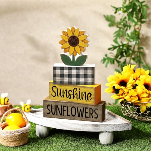Sunflower Tiered Tray Decor Set - 4 Piece Wooden Sign & Faux Book Stack