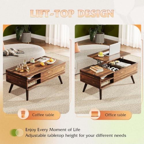 Lift Top Coffee Table with Hidden Storage and Adjustable Shelf, Brown