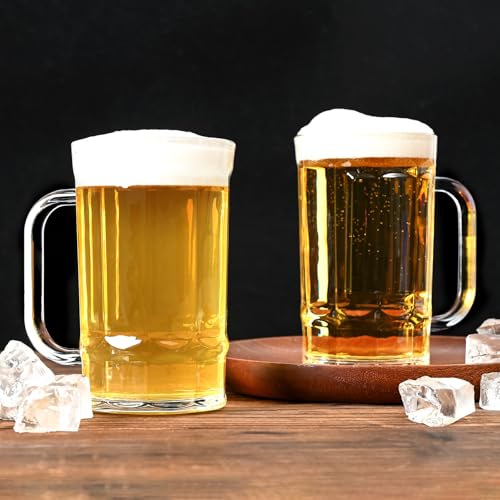 Set of 2 Glass Beer Mugs, 11oz Clear Beer Steins with Handles