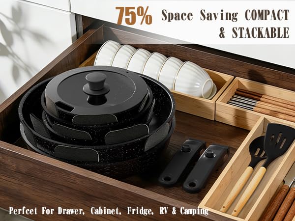 21-Piece Nonstick Cookware Set with Detachable Handle - Ceramic Pots & Pans
