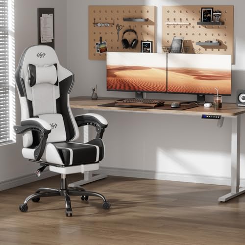 HLDIRECT Black & White Gaming Chair with USB Massage Lumbar Support – Ergonomic, Adjustable, Long-Lasting Comfort