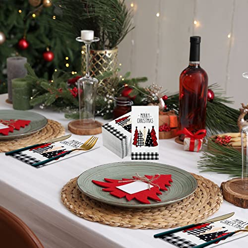 Christmas Paper Napkins Bulk - Watercolor Tree & Buffalo Plaid Design, 100 Pack
