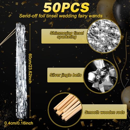 Silver Wedding Ribbon Wands with Bells - 50 Pack Fairy Send Off Sticks