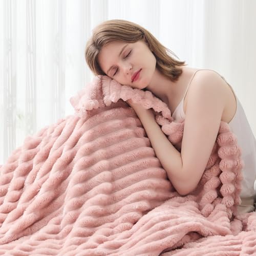 NEWCOSPLAY Pink Ribbed Fleece Throw Blanket 50x60