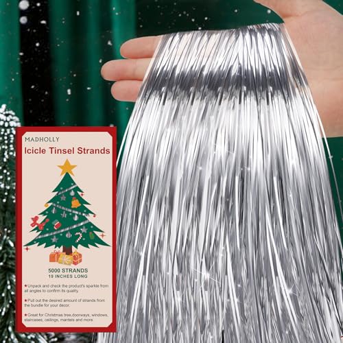 Silver Tinsel Icicle Strands for Christmas Tree Decor - 5000 Strands, 19 Inch