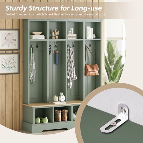 59-Inch Farmhouse Hall Tree with Bench, Shoe Storage, and 8 Coat Hooks