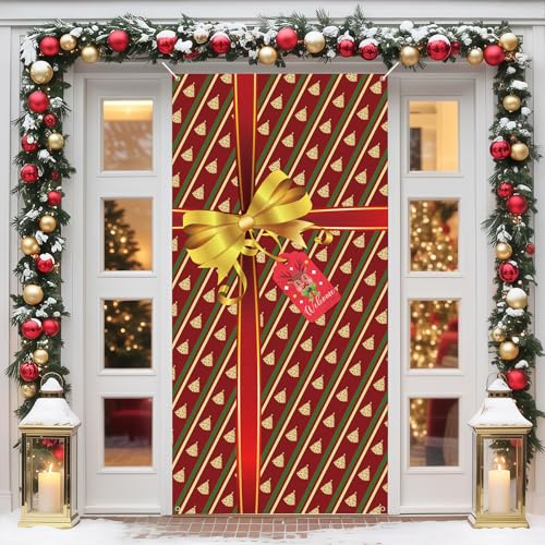 Jobkoo 185x90cm Red Merry Christmas Door Cover Banner - Outdoor/Indoor Gift Box Theme