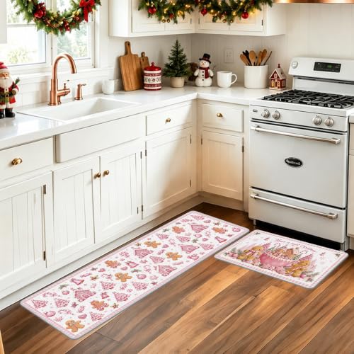 Romart Pink Gingerbread Kitchen Rugs Set of 2 – 16x28in & 16x47in with Silicone Backing