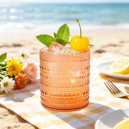 12PCS Vintage Hobnail Plastic Drinking Glasses, 13 oz Embossed Tumbler Set