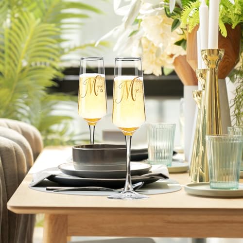 Mr and Mrs Champagne Flutes Set of 2 - Tall Hand-Blown Crystal Glassware