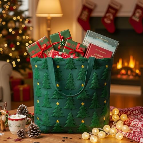 Christmas Embroidery Tote Bag with Green Xmas Tree Pattern, Reusable Canvas Bag