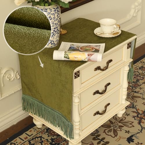 Extra-Thick Pet Scratch-Resistant Nightstand Tablecloth - Olive Green, 51.2 x 15.7 Inches with Gold Tassels