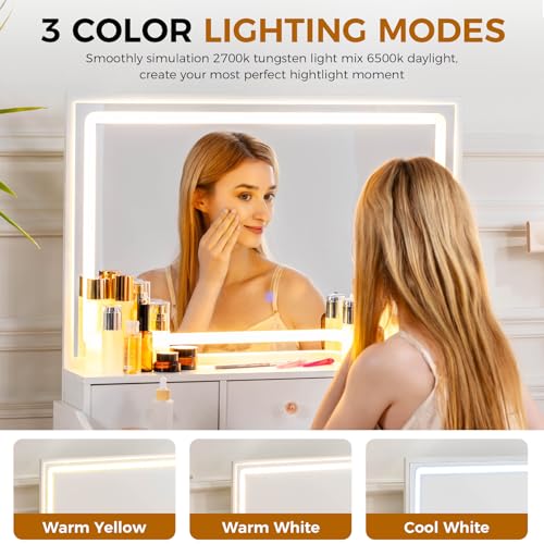 Makeup Vanity Desk with Lighted Mirror, 5 Drawers and Charging Station