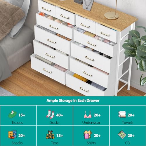 12-Drawer Bedroom Dresser, Wide Fabric Storage Chest with Wood Top