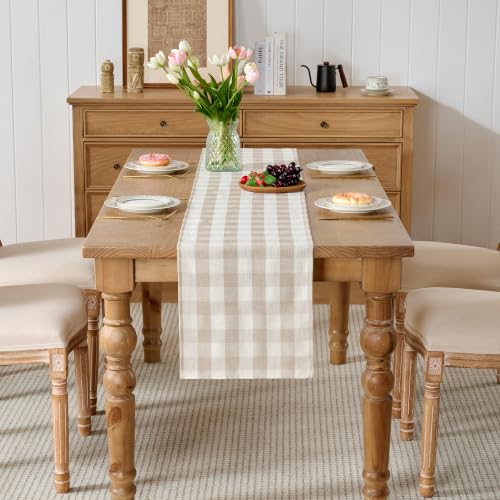 POSEAT Beige Gingham Table Runner 13x108 Inches - Classic Farmhouse Decor