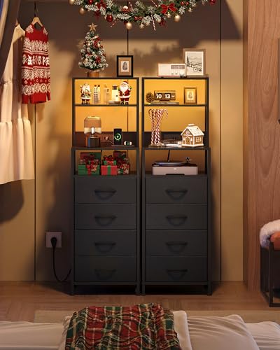 Tall Nightstand with Charging Station, LED Light and 4 Fabric Drawers