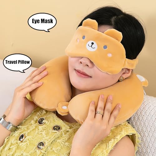 Kids Travel Neck Pillow with Eye Mask - Memory Foam Dinosaur Design