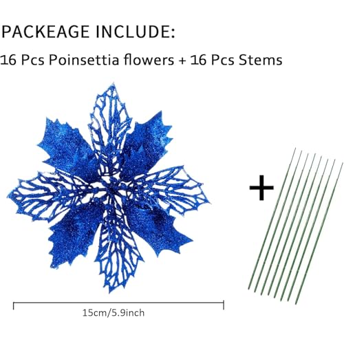 Wironlst 16Pcs Glitter Poinsettia Flowers Blue - Christmas Tree Wreath Decorations