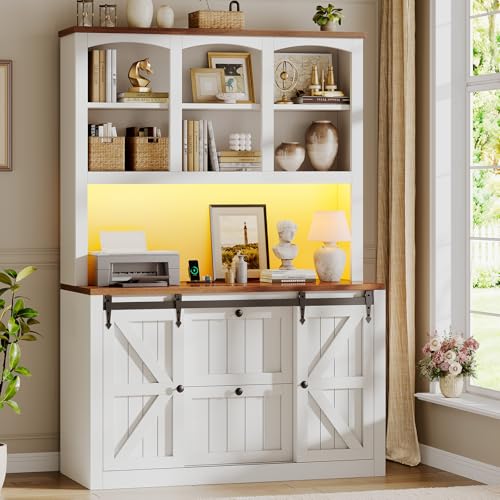 41-Inch Farmhouse File Cabinet with Charging Station, Barn Door & LED Lights