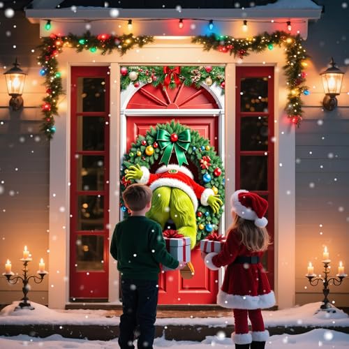 Hehegoo Red Green Christmas Door Cover Banner, 72.8x35.4 Inch Holiday Decor