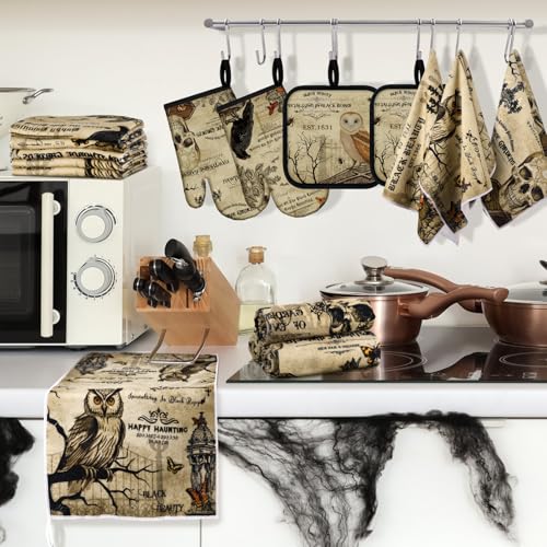 12-Piece Gothic Kitchen Set: Raven Skull Oven Mitts, Pot Holders & Towels