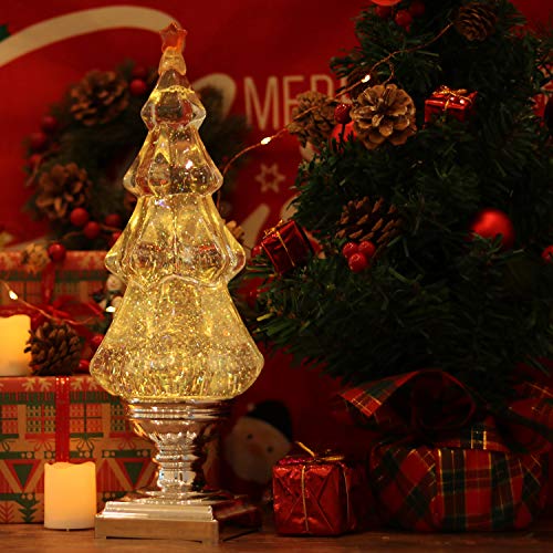 14-Inch Musical Christmas Tree Snow Globe Lantern with Timer - Silver