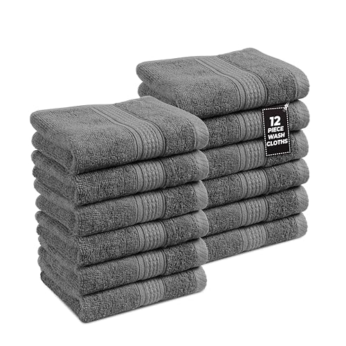LANE LINEN Space Grey 12-Pack 13x13 Cotton Washcloths - Soft & Absorbent