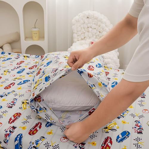 Twin Size Bed Sheet Set - 3-Piece Kids Racing Car Print with Deep Pockets