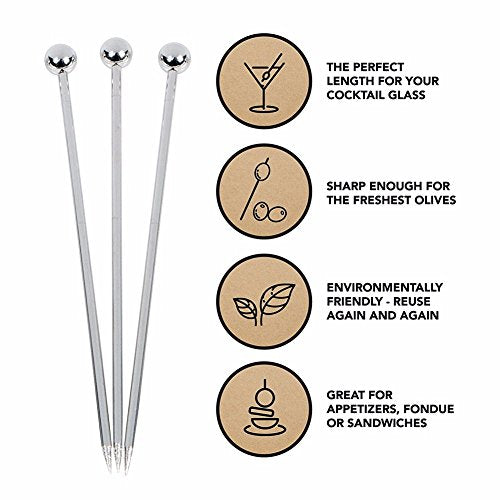 Silver Round Bead Stainless Steel Cocktail Picks 50 Pieces - 4.3 Inch Bar Utensils