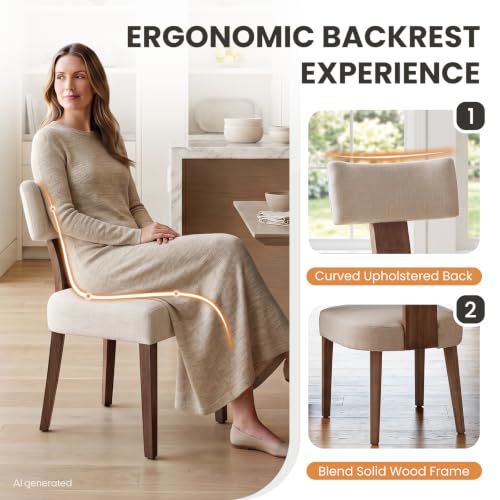 Mid-Century Modern Upholstered Dining Chairs, Set of 2, Beige Linen