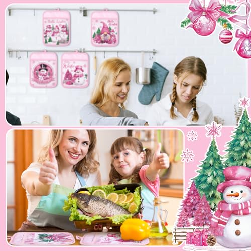Jingmore Pink Christmas Pot Holders with Pocket, 12-Pack, Snowflake & Gnome Design, Heat Resistant Oven Gloves for Baking & Cooking
