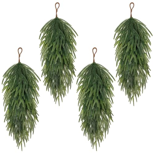 SpringTalk 30in Artificial Teardrop Swags, 4-Pack Norfolk Pine Wreaths for Front Door (Fresh Green)