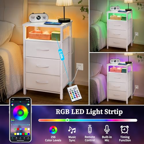 LED Nightstand with Charging Station, 3-Drawer Bedside End Table with USB