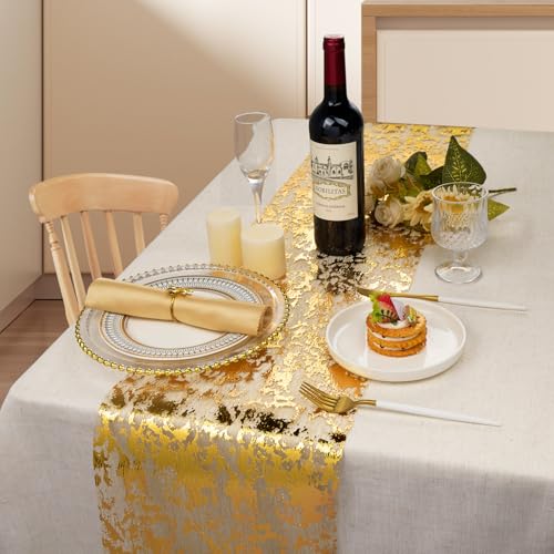 Gold Foil Table Runner 2 Pack, 11x106 Inch Glitter Metallic Mesh for Wedding Birthday Christmas - Mabbcoo