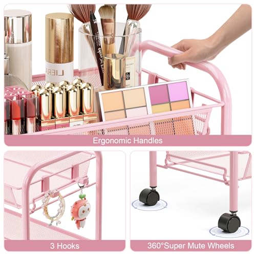 3-Tier Metal Rolling Utility Storage Cart with Wheels & Hooks, Pink