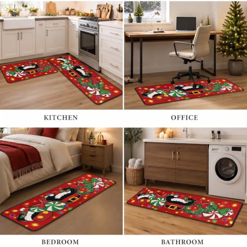 Faptoena Red Xmas Kitchen Rugs Set of 2 Non-Slip Washable Floor Mats - Holiday Decor