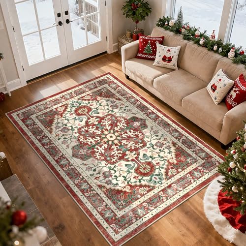 Red Christmas Area Rug 5x7 5' x 7' Boho Washable Non-Slip Floral Vintage Carpet (U'Artlines)