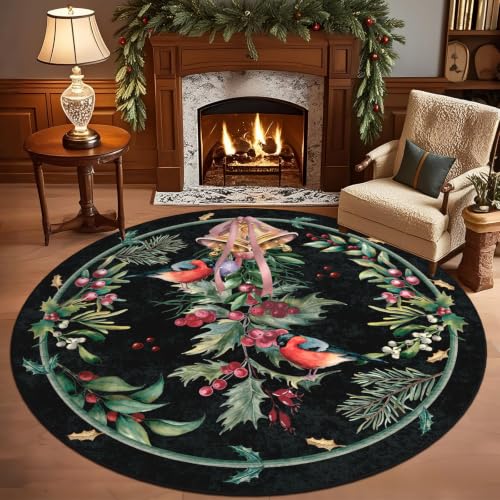 nesrt Black Christmas Round Washable Area Rug 6ft Non-Slip Holiday Carpet - Xmas Black, Round