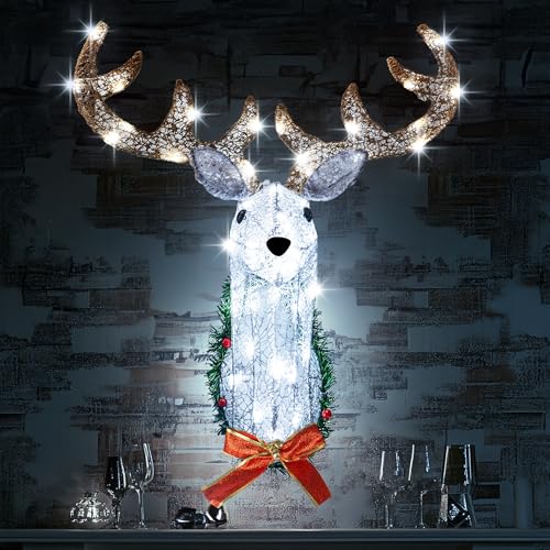 Lighted Christmas Reindeer Head Wall Decor - 32 Inch Outdoor Indoor Rudolph Wreath with 8 Modes