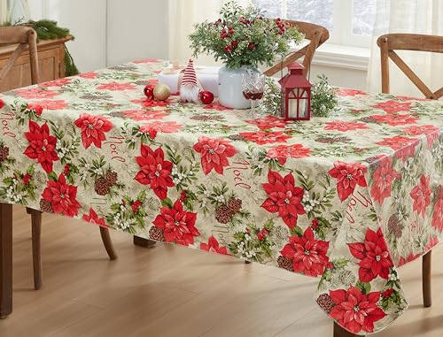 Newbridge Majestic Poinsettia 60x102 Rectangle Vinyl Tablecloth with Flannel Backing, Red Noel — 102 x 60 inches
