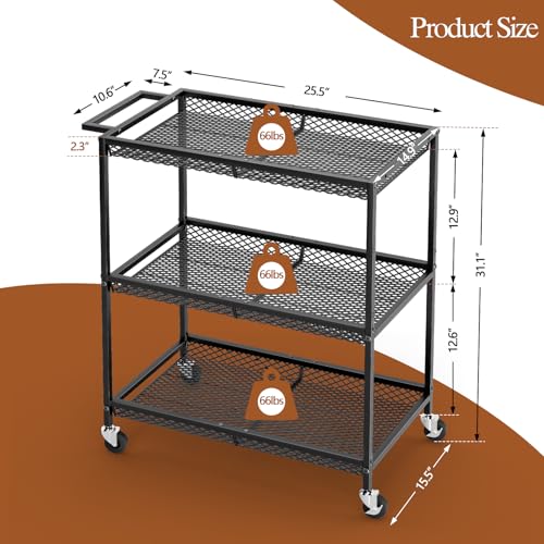 3-Tier Heavy-Duty Rolling Utility Cart with Lockable Wheels and Handle