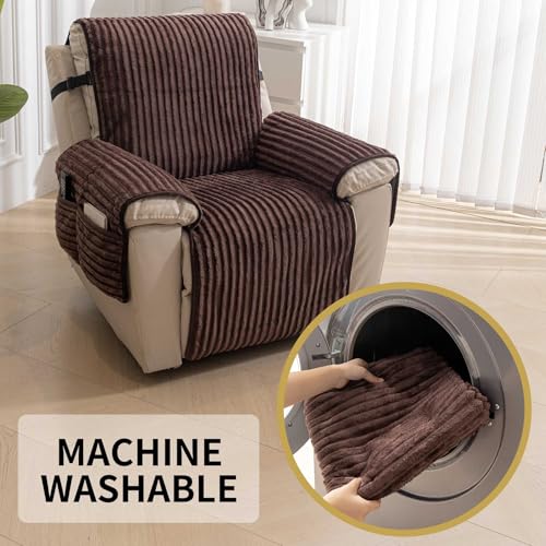 Waterproof Faux Fur Recliner Chair Cover - Non-Slip Pet Friendly Protection (Brown, 23")