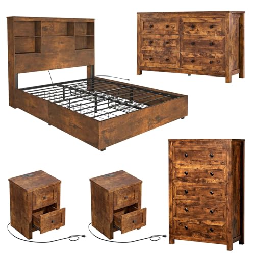 5-Piece Rustic Queen Bedroom Set with LED Platform Bed and Dressers