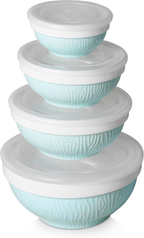 DOWAN Mixing Bowls Set - Ceramic Serving Bowls with Lids for Food Storage | 4-Piece Turquoise Set (64/32/24/12 Oz)