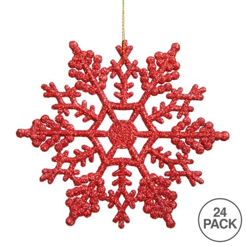 Red Vickerman 4-Inch Plastic Glitter Snowflake Ornament (24 Per Box) – Shatterproof Holiday Decor
