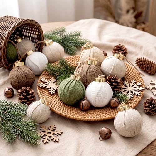 Rustic Burlap Christmas Ornaments Set - 12 Neutral Farmhouse Tree Decorations, Green, Beige, White, Brown